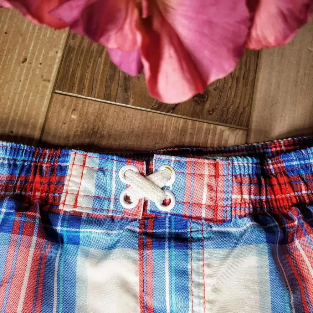 OP Baby Boy Board Shorts Swim Trunks Blue Red White Plaid Size 18m NWOT